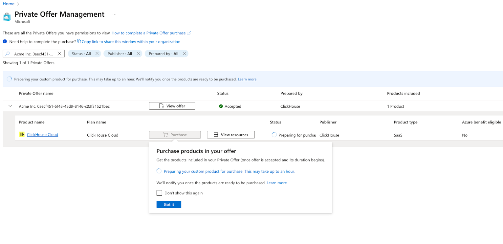 Azure Marketplace Private Offer Management page